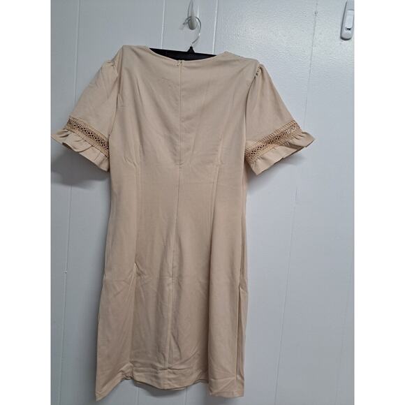 Women Dress Lace V Neck Ruffle Sleeve Casual Short Mini Dress Ligth Khaki Size M - Picture 4 of 14